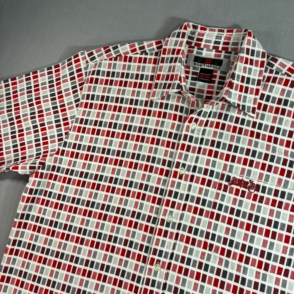 Southpole Button Up Shirt Mens Large Red Gray Geometric Check Streetwear Y2K